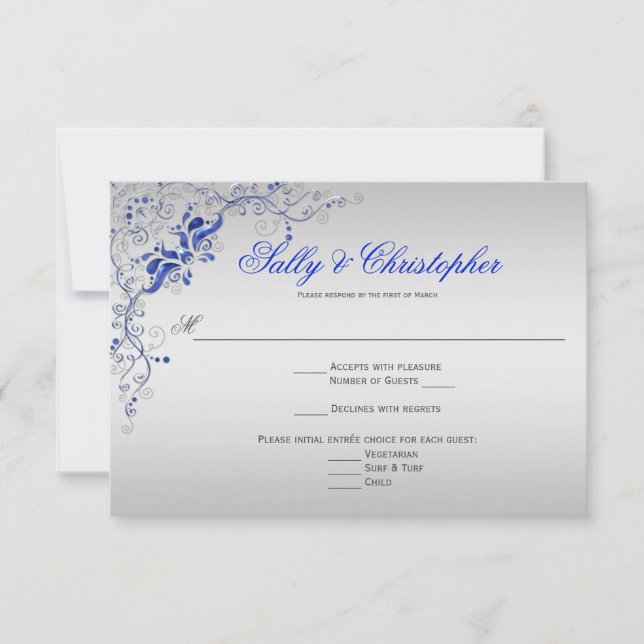 Ornamentado Blue e Silver florais Swirls RSVP (Frente)