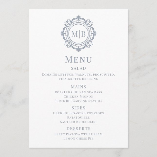 Ornamentado Floral Monograma Menu Casamento Prata (Frente)