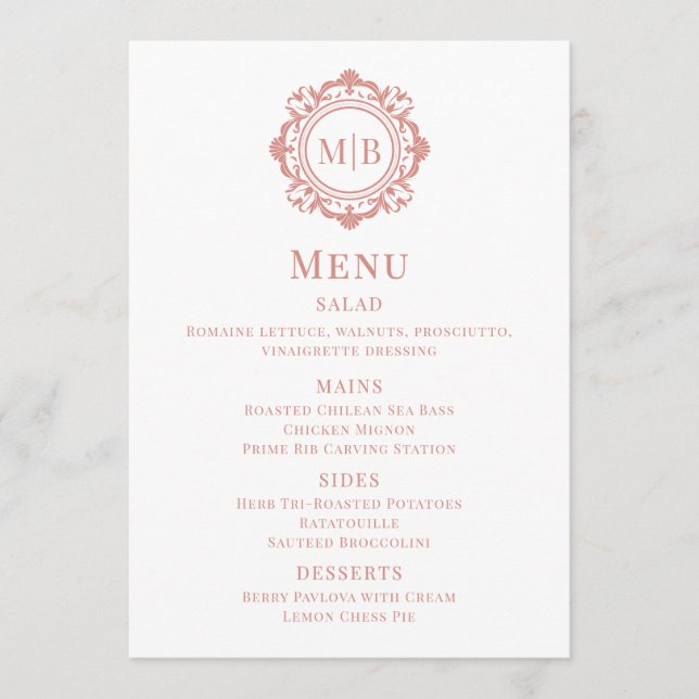 Ornamentado Floral Monograma Menu Casamento Rosa D (Frente)