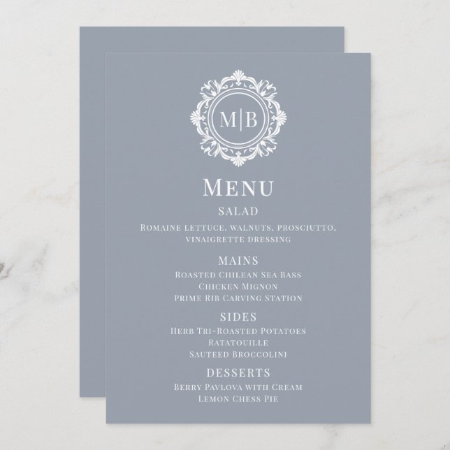 Ornamentado Floral Monograma Silver Weding Menu (Frente/Verso)