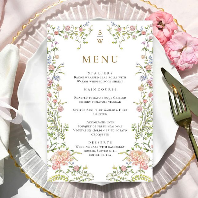 Ornamentado Grace Pastel Blush Floral Weding Menu (Criador carregado)