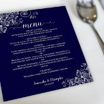 Ornamentado Prata no Marinho Azul Orçamento Menu C<br><div class="desc">Esses lindos menus de casamento são simples, elegantes e na moda, enquanto ainda são amigáveis e baratos. Eles apresentam um design elegante e glamouroso com ornamentado de folha fina prateada e espirais, e uma caligrafia de script sobre um fundo azul marinho. A parte de trás é uma linda cinza de...</div>