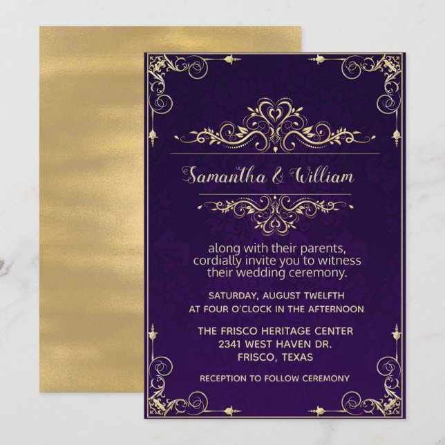Ornamentado Roxo e Convite Dourado para Casamento (Frente/Verso)
