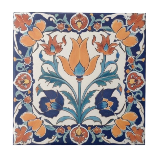 Ornamentado Turco Floral Azul Laranja Verde Flor (Frente)