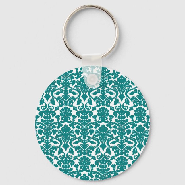 Ornamentado Vintage Floral Teal Damask Chaveiro (Frente)
