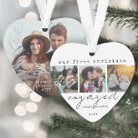 Ornamento 1rua de Natal com 4 Fotografias Mínimas Únicas<br><div class="desc">Celebre o feliz feriado de 1rua do seu noivado com uma colagem personalizada de 4 fotos "Nosso Primeiro Natal Engajado", um ornamento acrílico em forma de coração. Todas as redações e imagens neste modelo são simples de personalizar. (DICA DE IMAGEM: Uma maneira fácil de posicionar uma imagem exatamente como você...</div>