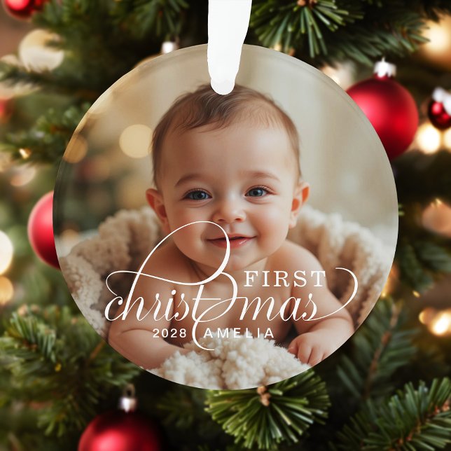 Ornamento 1st Christmas Baby Photo Name Acrylic (Criador carregado)