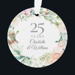 Ornamento 25 Casamento Rosas de Aquarela de Aniversário Flor<br><div class="desc">Apresentando uma delicada granja floral de aquarela,  esta manchete de aniversário de 25 de casamento botânico pode ser personalizada com sua informação especial de aniversário em um texto elegante de prata. Projetado por Thisnotme©</div>