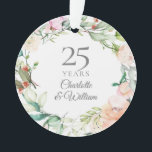 Ornamento 25 Casamento Rosas de Aquarela de Aniversário Flor<br><div class="desc">Apresentando uma delicada granja floral de aquarela,  esta manchete de aniversário de 25 de casamento botânico pode ser personalizada com sua informação especial de aniversário em um texto elegante de prata. Projetado por Thisnotme©</div>