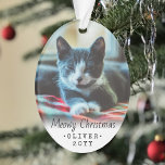 Ornamento 2 Foto Qualquer Texto Feliz Natal Gato Preto<br><div class="desc">Celebre as alegrias simples de seu parente peludo com um ornamento personalizado de 2 fotos ovais em acrílico. As imagens de texto e gatinho neste modelo são simples de personalizar e podem ser diferentes ou iguais em frente e atrás. Se preferir, mude "Feliz Natal" para qualquer mensagem que você escolher....</div>