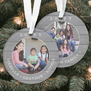 Ornamento 2 Fotografia Nome da Família e Ano Faux Cinza Rú