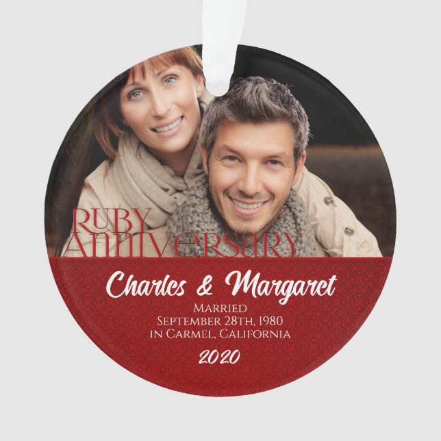 Ornamento 40º aniversário do Ruby Foto Vermelha e Branca (Frente)