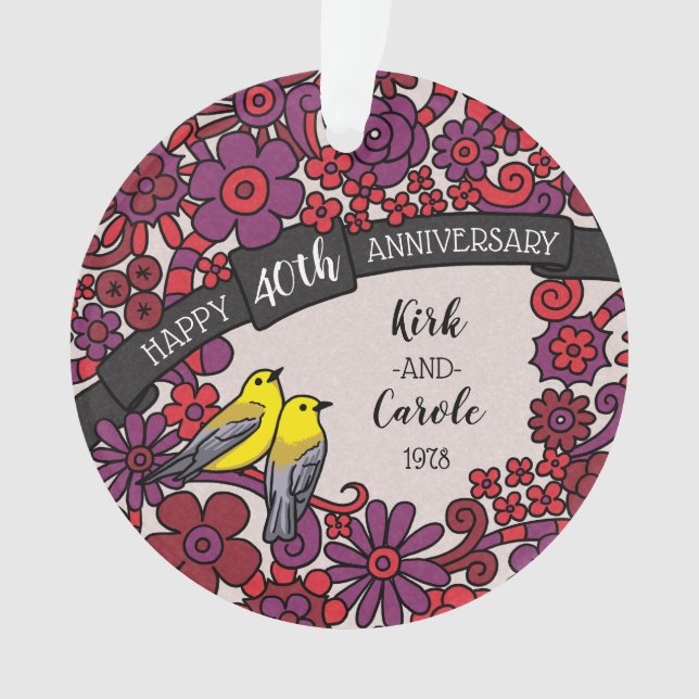 Ornamento 40 anos personalizados, Ruby Floral Birds (Frente)