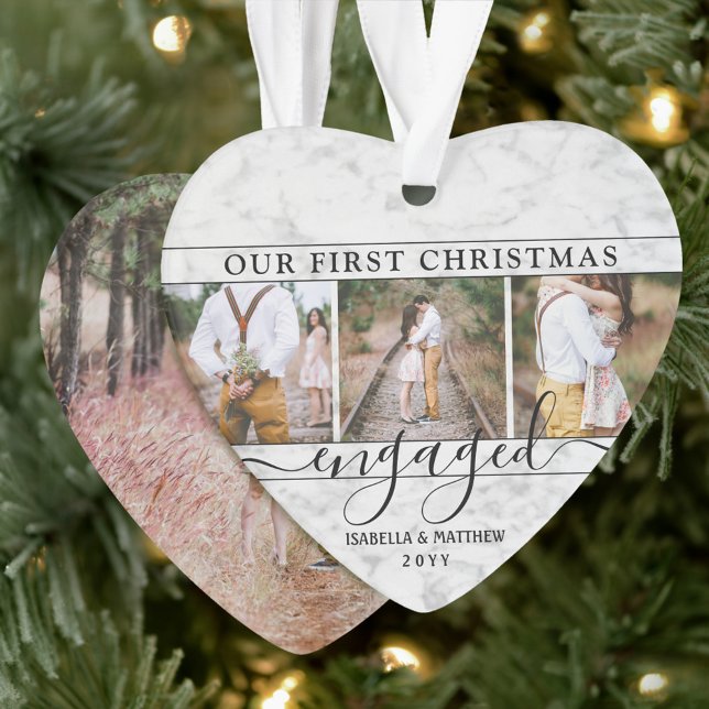 Ornamento 4 Photo 1st Christmas Engaged Faux Marble Heart (Criador carregado)