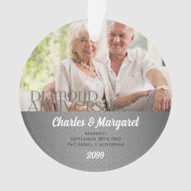 Ornamento 60º aniversário do Diamond Foto de Silver Damask (Frente)