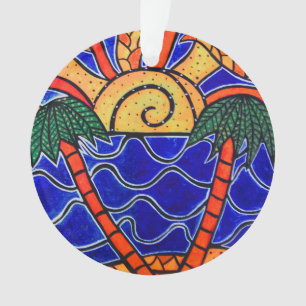 Ornamento A praia azul das palmeiras do por do sol do oceano