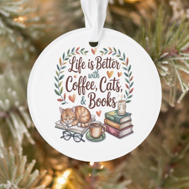 Ornamento A Vida é Melhor com Café Gatos Livros (Árvore)