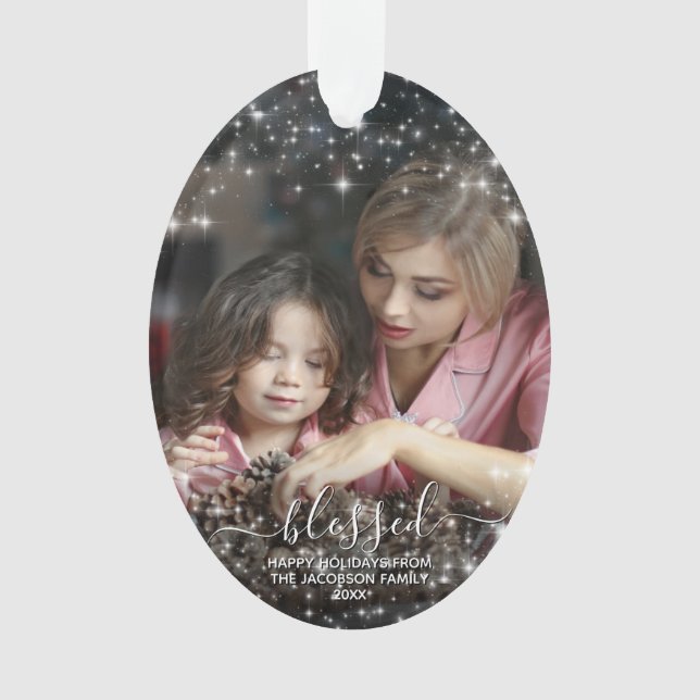 Ornamento Abençoado. Foto com Natal Festivo Sparkles (Frente)