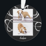 Ornamento Abstrato Black Dog Photo Collage Custom<br><div class="desc">Abstrato Black Dog Photo Collage Ornament Custom. Abstrato branco design em fundo preto. Um personalizado ornamento de fotos de Natal moderno que você pode personalizar com suas fotos de cachorro. Personalize com seu nome e adicione 2 fotos favoritas. Enfeite de férias ou presente único. Crie seu próprio Enfeites de natal...</div>