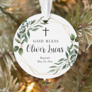 Ornamento Adorno de Batismo Personalizado com Foto Greenery 