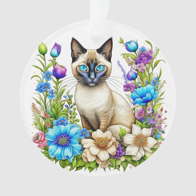 Ornamento Ai Watercolor Gato Siamês em Flores (Frente)
