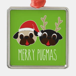 Ornamento alegre da rena do papai noel do Pug de