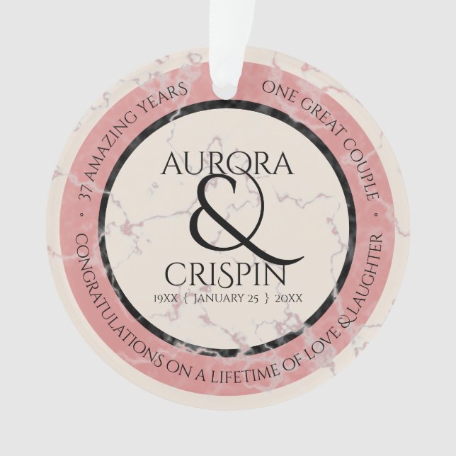 Ornamento Aniversário Casado Elegante 37.º Alabastro (Frente)