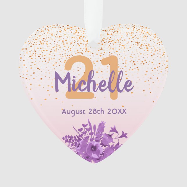 Ornamento aniversário de 21 anos rosa dourado confetti flore (Frente)