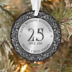 Ornamento Aniversário de 25 anos de Casamento Moldura Preto