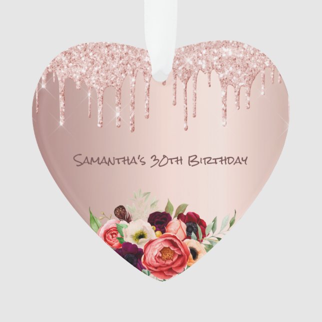 Ornamento aniversário de 30 anos rosa dourado blush glitter  (Frente)