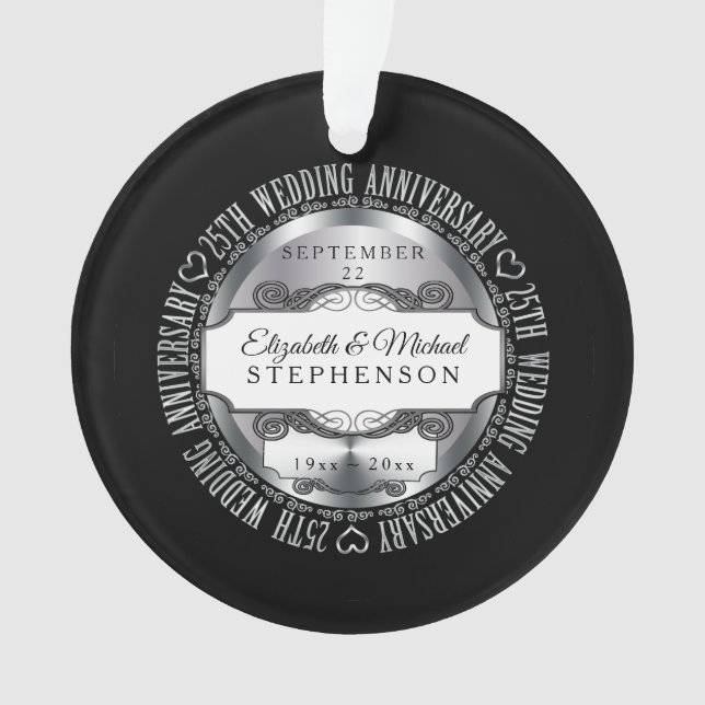 Ornamento Aniversário de casamento da foto de prata preta (Frente)