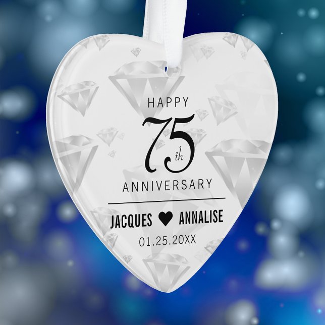 Ornamento Aniversário de Casamento de Diamante Elegante 75 (Elegant 75th Diamond Wedding Anniversary Acrylic Ornament Cover Photo.)
