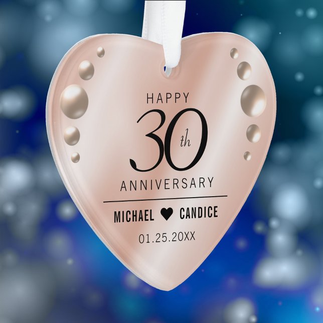 Ornamento Aniversário de Casamento de Pearl 30 Elegante (Elegant 30th Pearl Wedding Anniversary Acrylic Ornament Cover Photo.)