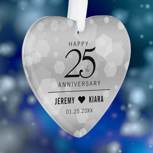 Ornamento Aniversário de Casamento do 25 Silver Elegante (Elegant 25th Silver Wedding Anniversary Acrylic Ornament Cover Photo.)