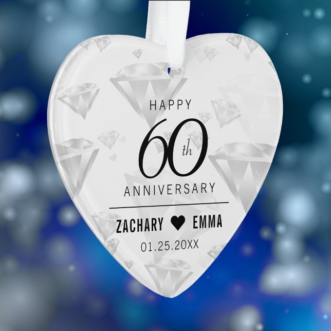 Ornamento Aniversário de Casamento do Elegante 60º Diamond (Elegant 60th Diamond Wedding Anniversary Acrylic Ornament Cover Photo.)
