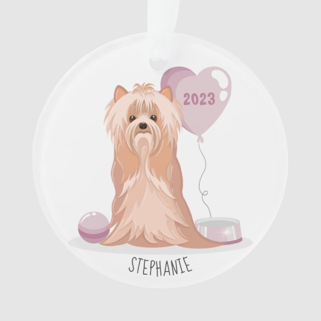 Ornamento Aniversário de Yorkshire Terrier Fofo (Frente)