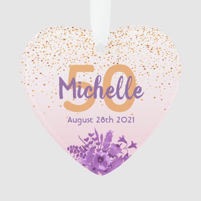 Ornamento Aniversário rosa dourado confetti flores roxas (Frente)