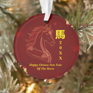 Ornamento Ano Novo Chinês Vermelho e Dourado do Cavalo Feliz