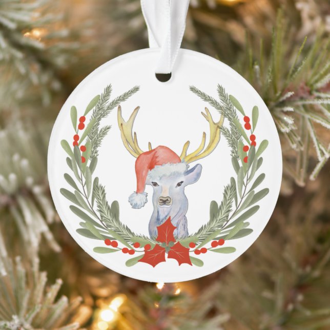 Ornamento Antler Deer Santa Hat Wreath Kids (Árvore)