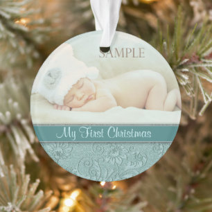 Ornamento Aqua Floral Swirl Baby Primeiro Natal