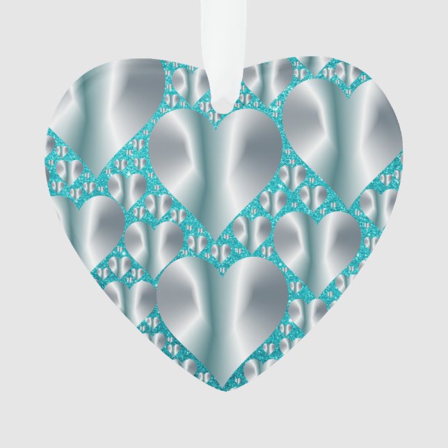 Ornamento Aquamarine Hearts Turquoise Faux Glitter (Frente)