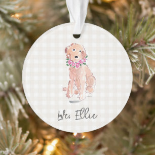 Ornamento Aquarela Cachorro Dourado NOME Flores Xadrez Doce