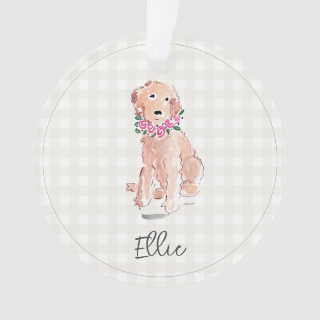 Ornamento Aquarela Cachorro Golden Doodle Flores NOME (Frente)