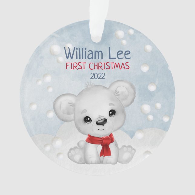 Ornamento Aquarela Urso Polar Bebê 1rua Primeiro Natal (Frente)