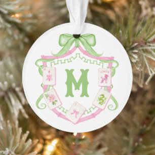 Ornamento Armadura de Monograma Mahjong Rosa e Verde em Aqua