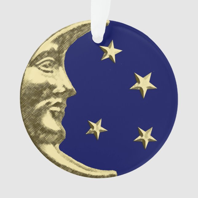 Ornamento Art Deco Moon and Stars - Azul Marinho e Dourado (Frente)