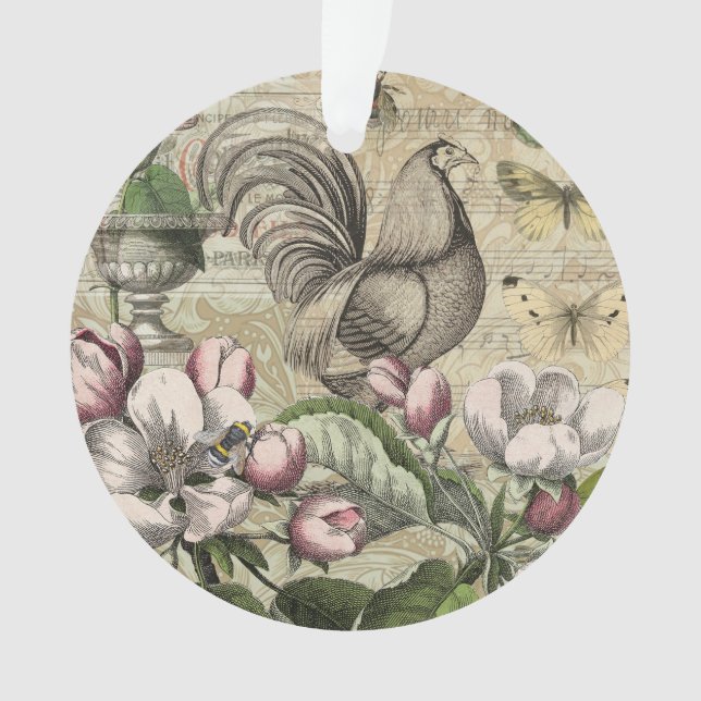 Ornamento Arte de Colagem de Jardim com Galo Vintage: País F (Frente)