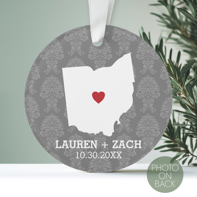Ornamento Arte de Mapa do Estado de Casa - Casamento Persona (Personalized Photo Ornament with a State Design on the Front and Photo on the Back)