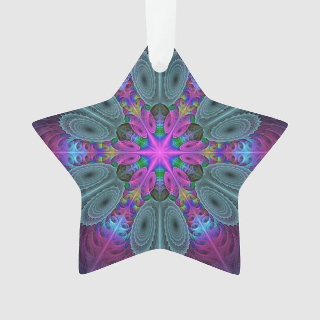 Ornamento Arte Fractal Colorida de Mandala com Estrela Rosa (Frente)