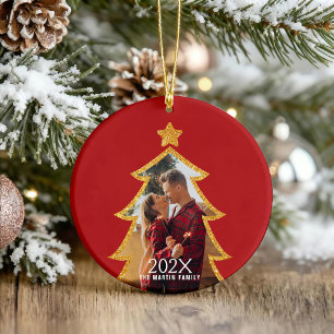 Ornamento Árvore de Natal Vermelha Brilhante Foto Personaliz